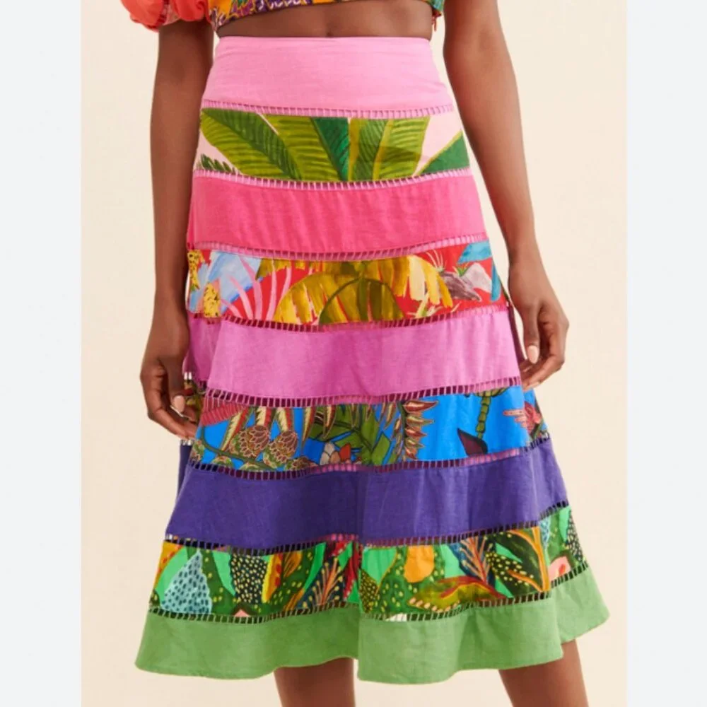FARM Rio Rainbow Mixed Prints Tiered Midi Skirt Gypsy Bohemian - Picture 3 of 15